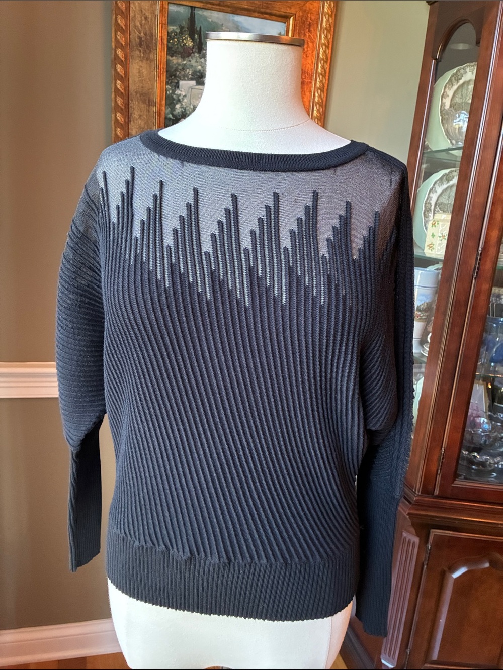 DKNY Black Ribbed Crewneck Sweater with Gradient Stitch Detail Size Small